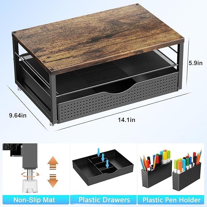 gianotter Wood Monitor Stand Riser, Office Desk Shelf Organizer, Desk Organizer with Drawer and Pen Holder, 2-Tier Computer Stand, Office Organization (Wood)-DeskLoop Office