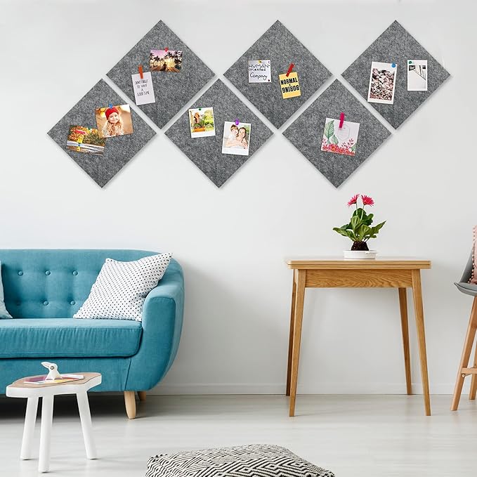 AKTOP Cork Bulletin Board 12x12, 1/2" Thick Felt Cork Board Tiles 9 Pack, Small Square Pin Board for Wall, Self Adhesive Corkboards with 120 Push Pin Wood Clips for School, Home & Office, Grey-DeskLoop Office