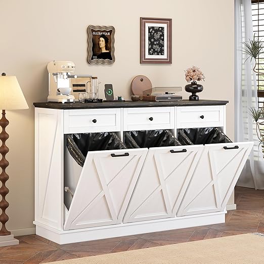 Triple 13 Gallons Tilt Out Trash Cabinet, Farmhouse Garbage Recycling Cabinet with Power Outlets, 3 Drawers, Pet Proof, Freestanding Kitchen Trash Bin Cabinets, White-DeskLoop Office