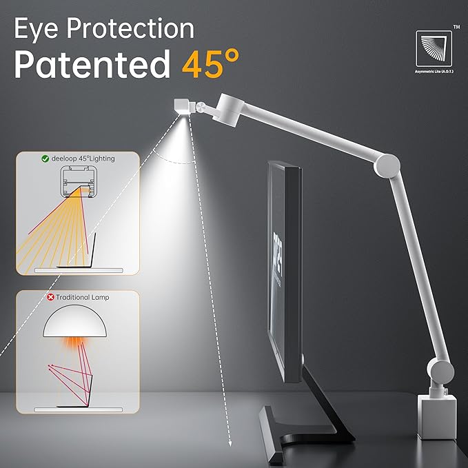 deeloop 2-Arms Swing Long LED Desk Lamp with Clamp, CRI 95+ Eye-Caring Light, USB Charging Output, 2-Hour Timer, Dimmable Desk Light with Memory, Architect Desk Lamps for Home Office Reading &Monitor-DeskLoop Office