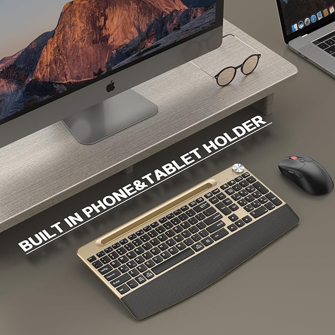 Ergonomic Wireless Keyboard and Mouse with Wrist Rest,Phone Holder - 2.4GHz Full-Sized Low-Profile Quiet Gold Wireless Mouse and Keyboard Combo for Computer, Laptop, PC, Mac-Gold-DeskLoop Office