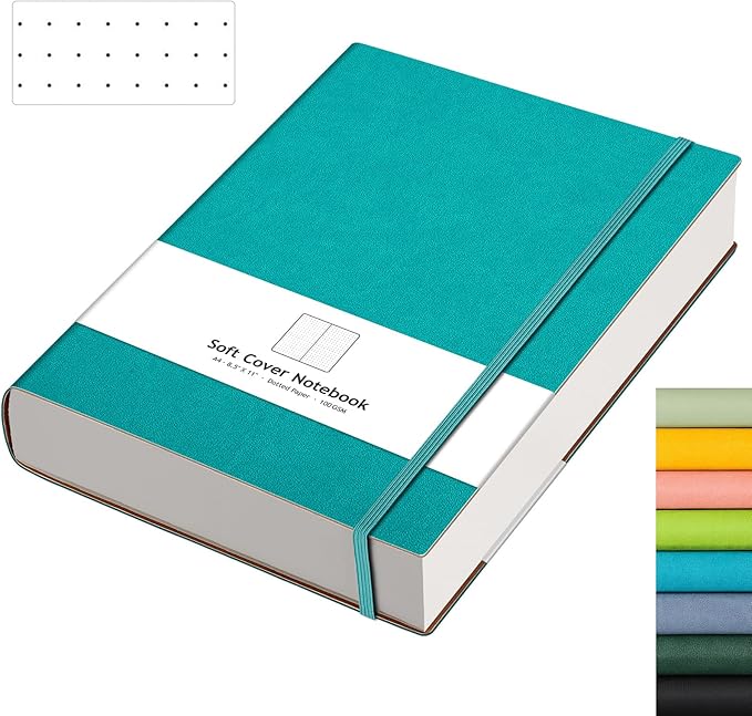 AHGXG Bullet Dotted Journal - Large A4 Notebook Dotted, 8.5''×11'', 320 Pages Dot Grid Notebook, 100gsm Thick Paper, Leather Softcover, with Journal Stencils, Inner Pocket - Cyan-DeskLoop Office