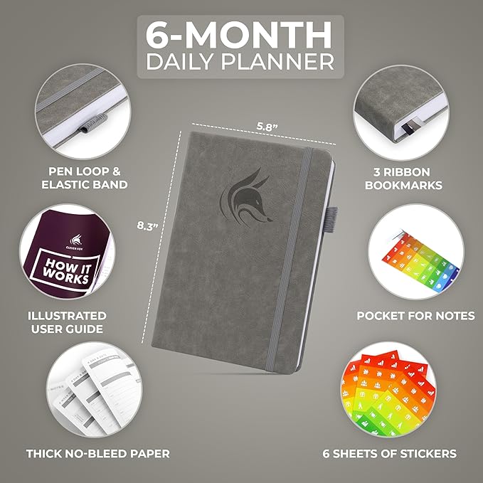 Clever Fox Daily Planner – Undated Planning Notebook with Hourly Schedule & To-Do List – Personal Day Task & Work Organizer, 6 Months (Gray)-DeskLoop Office