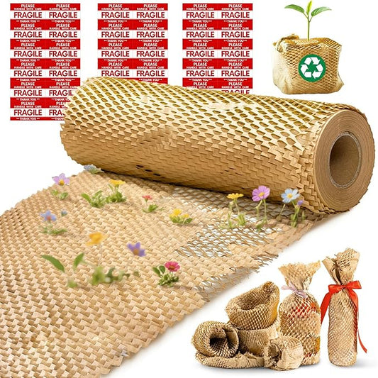 Honeycomb Packing Paper, 12"x100' Brown | Perforated Honeycomb Packing Paper Recyclable Moving Supplies for Shipping & Moving | Plastic-Free Alternative to Bubble Cushion Wrap with 36 Fragile Stickers-DeskLoop Office