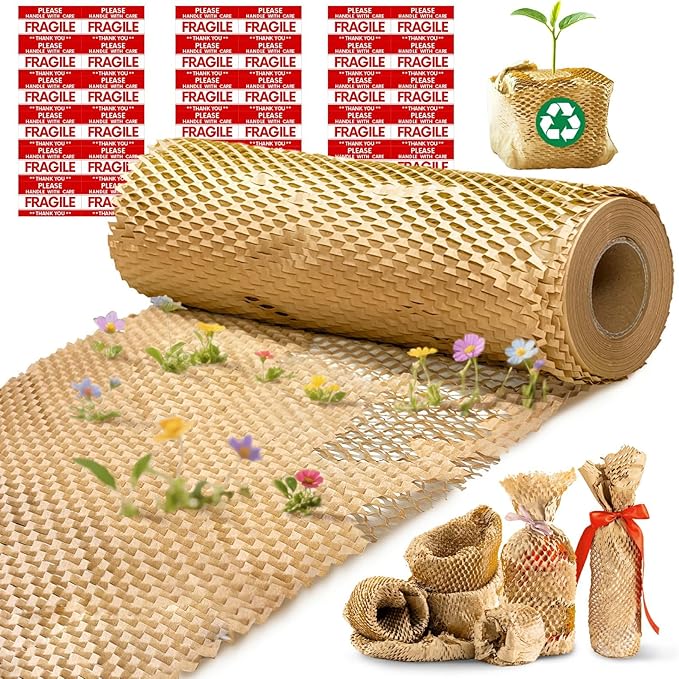 Honeycomb Packing Paper, 12"x200' Brown | Perforated Honeycomb Packing Paper Recyclable Moving Supplies for Shipping & Moving | Plastic-Free Alternative to Bubble Cushion Wrap with 36 Fragile Stickers-DeskLoop Office