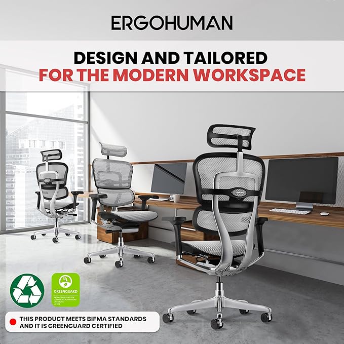 Ergohuman Eurotech ME7ERG GEN2 High Back Mesh Office Chair with Tilt Tension Control, Tilt Lock, Back Angle, Back Height, Synchro Tilt, Seat Height, Seat Depth, and Arm Height Adjustments, Grey-DeskLoop Office
