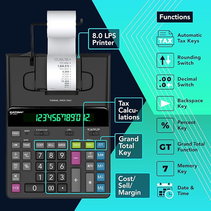 CATIGA 12 Digit Thermal Printing Calculator with Tape Print Out, Ink-Free Adding Machine, 5X Faster Quite at 8.0 LPS, Extra Large Fluorescent Display, Tax Calculation with Clock and Calendar, SP-2401-DeskLoop Office