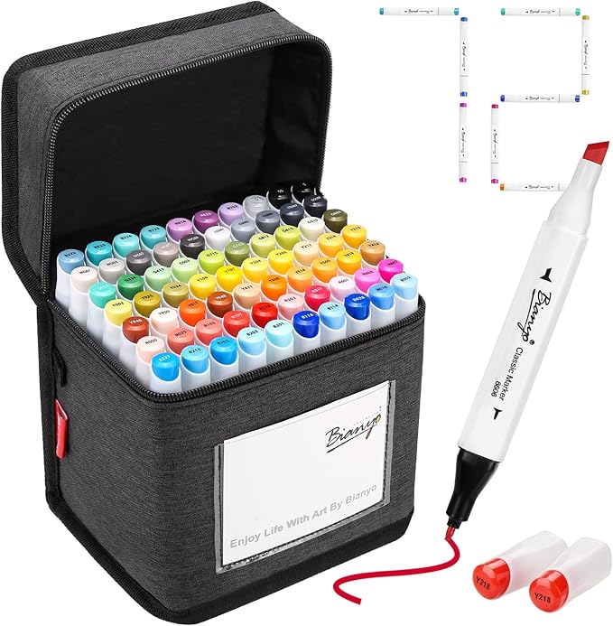 Bianyo 72 Colors Alcohol Markers Set, Dual Tip Art Markers with Bullet & Chisel Tips, Black Case with Customizable Card – Ideal for Coloring, Drawing, and Sketching as Thanksgiving & Christmas Gifts-DeskLoop Office