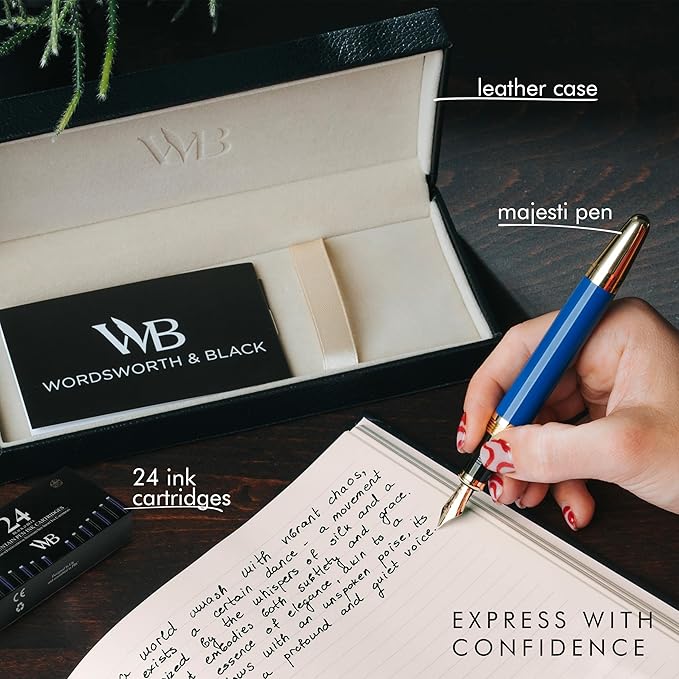 Wordsworth & Black Majesti Fountain Pen-(Blue), Luxury Case, 24K Gold Finish; 18K Gilded Medium Nib- Ink Cartridges, Refillable Ink Converter-Calligraphy Pen-Best Business Gift Set for Men & Women-DeskLoop Office