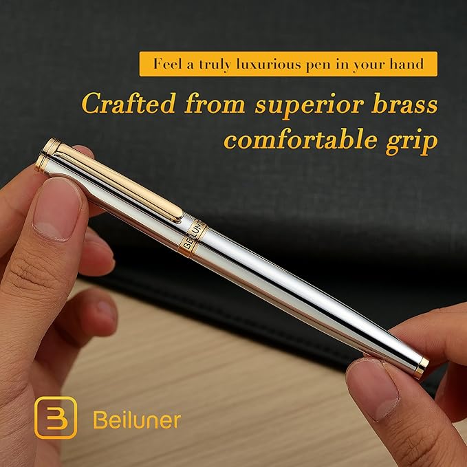 BEILUNER Silver Chrome Fountain Pen,Stunning Luxury Pens with 24K Gold Accents, Gorgeous 24K Gilded Nib(Medium), Ink Converter,Fancy Pen Gift for Men&Women-Elegant, Office, Executive,Nice for Writing-DeskLoop Office