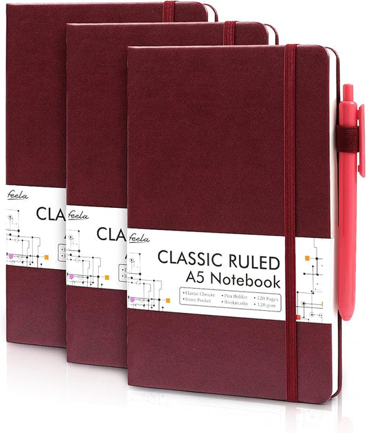 feela 3 Pack Notebooks Journals Bulk with 3 Black Pens, A5 Hardcover Notebook Classic Ruled Lined Journal Set with Pen Holder for Work Business Journaling Note Taking, 120 GSM, 5.1”x8.3”, Wine-DeskLoop Office
