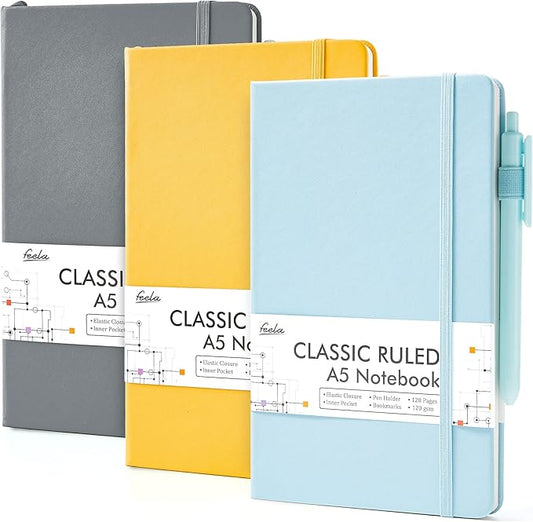 feela Hardcover Notebook For Work, Classic Ruled Lined Journal Set School Business Supplies, with 3 Black Pens, 120 GSM, 5.1”x8.3”, 3 Pack, A5, Solid Colors, Gray, Yellow, Light Blue-DeskLoop Office