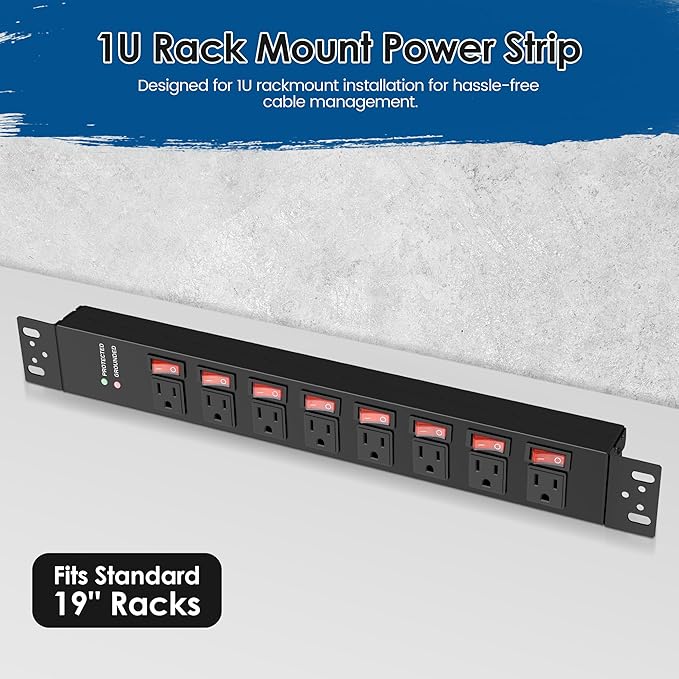 Rack Mount Power Strips,8 Outlet Strips Surge Protector with Individual Switches, PDU Power Strip for Server Racks, 14AWG Heavy-Duty Braided Extension Cord,2700J,15A 125V 1875W (10 FT Cable)-DeskLoop Office