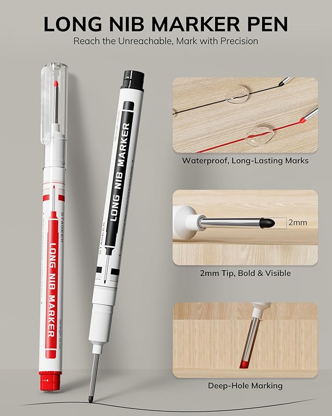 2PCS Carpenter Pencils with Sharpener, Heavy Duty Woodworking Tools, Mechanical Pencil Set with 26 Refills, Deep Hole Long Nib Marker Pens for Architect Marking with Case (Black, Red)-DeskLoop Office