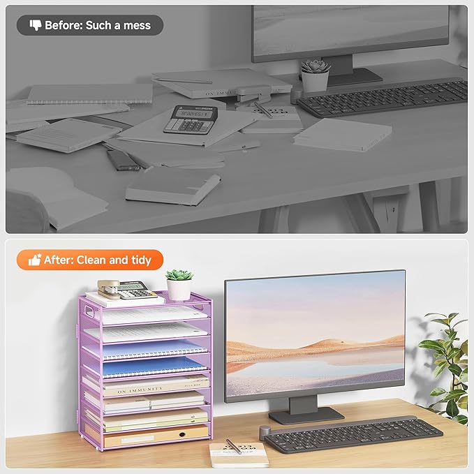 SUBEKYU 9 Tier Paper Letter Tray Desk Organizer with Handles - Purple Metal Mesh File Holder Paper Sorter Desk Organizer for Office Home School, Include 6 Pcs Adjustable Slid Tray, 6 Colors Available-DeskLoop Office