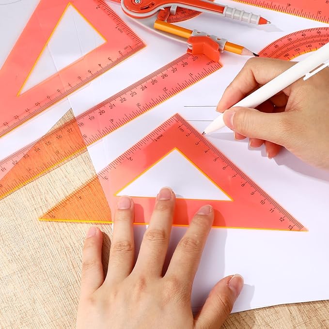Zonon 1 Set Plastic Geometry Math Set 7 Pcs Includes 6'' / 4 '' Protractor, Drawing Compass, 45/60 Degree Triangle Rulers, 12'' / 6'' Math Ruler Transparent for Office Supplies(Orange)-DeskLoop Office