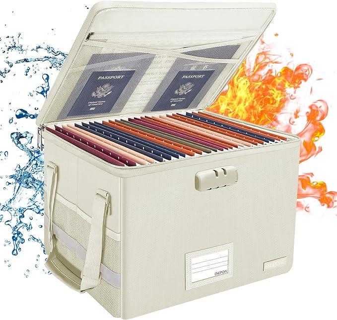 ENGPOW File Box with Lock, Fireproof Document Box with Zipper Lid, Collapsible File Storage Organizer Filing Cabinet with Handles, Portable Home Office Safe for Hanging Letter/Legal Folders, Beige-DeskLoop Office