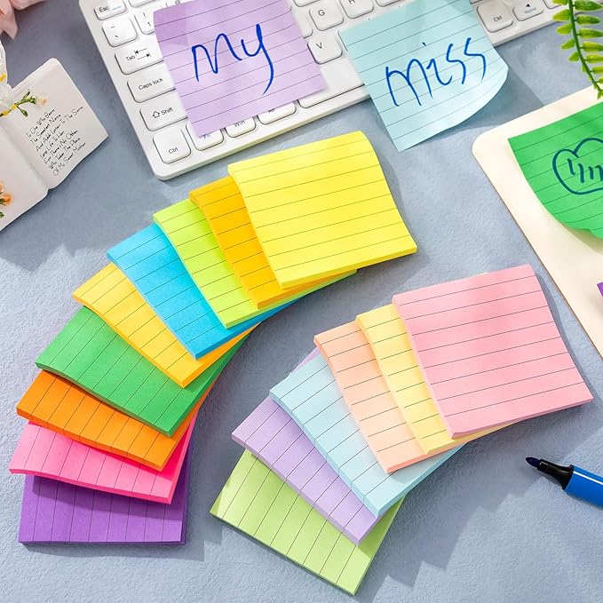 Seajan 240 Pads 3 x 3 Inch Sticky Notes Notepads Multi Bright Colors Self Sticky Pads for Students Teachers School Office Supply Desk Accessory 15 Colors, 50 Sheets Each(Neon,Line)-DeskLoop Office