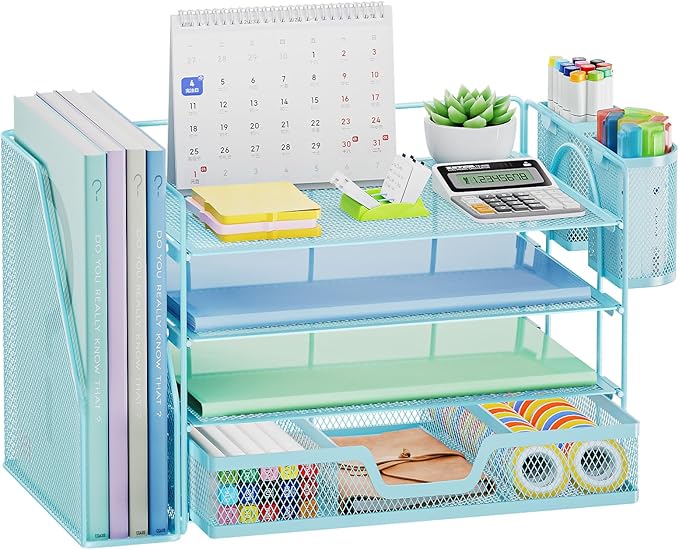 Marbrasse Desk Organizer and Accessories,4-Tier Paper Letter Tray Organizer with File Holder, Desk Accessories & Workspace Organizers with Drawer and 2 Pen Holder (Blue, 15.4" x 9.1" x 8.3")-DeskLoop Office