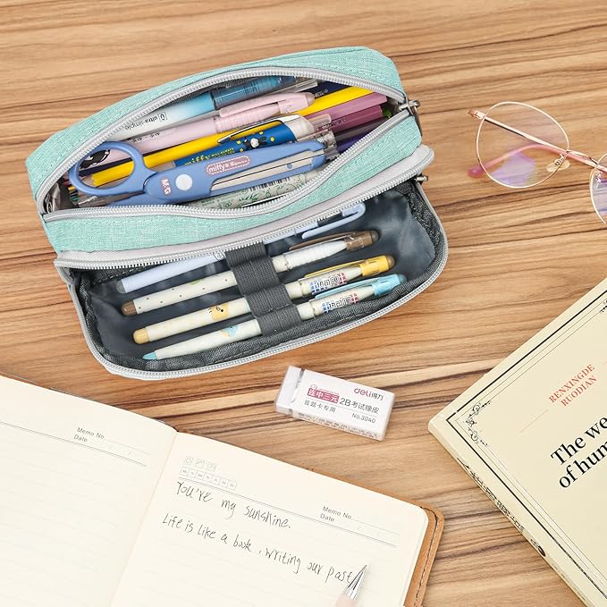 Della Gao Big Capacity Pencil Case, Durable Nylon Pencil Bag Aesthetic Pencil Pouch Travel Simple Stationery Bag Office Organizer Pen Bag for Women and Men - Green-DeskLoop Office