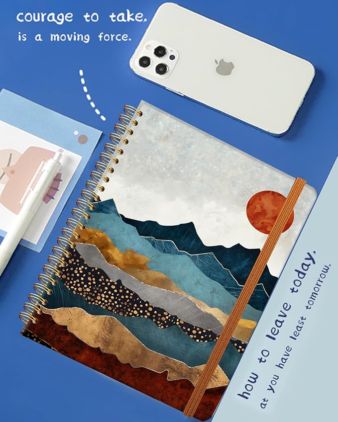 Ruled Spiral Writing Notebook,A5 Hardcover Lined College Journal for Women Lady,Fashion Puppy Watercolor Strong Twin-Wire Binding with Premium Paper,8.4" X 6",Perfect for School,Office,Home Gifts(Abstract Mountain Sun)-DeskLoop Office