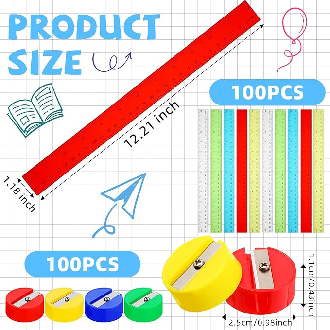 100 Pcs Plastic Rulers and 100 Pcs Mini Round Manual Pencil Sharpener Bulk, 4 Assorted Colors Pocket Sized Pencil Sharpeners Colorful Straight Ruler Back to School Supplies for Kids (Classic,12 Inch)-DeskLoop Office