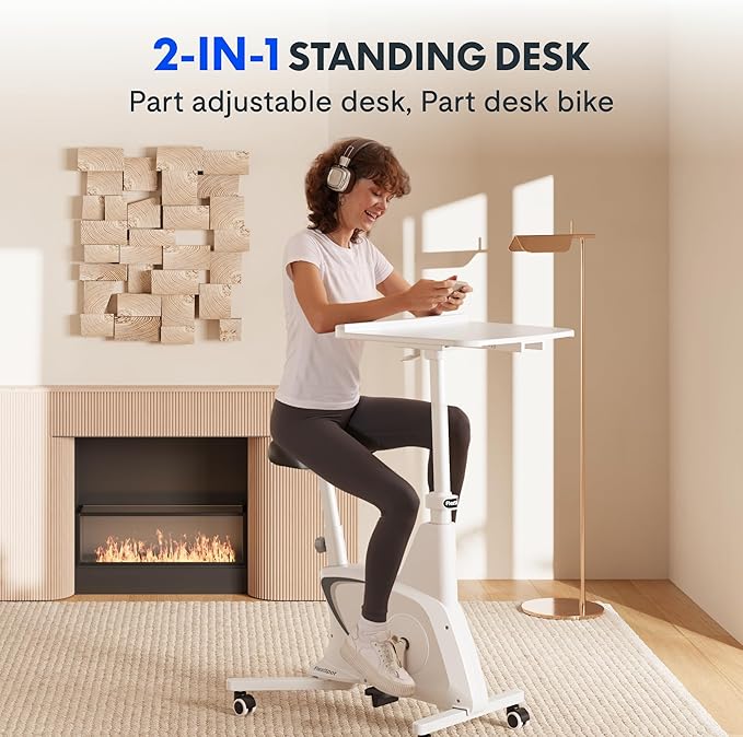 FLEXISPOT 3-in-1 Small Standing Desk Adjustable Height Movable Rolling Desks Laptop Desks Workstation with Integrated Pedal Exerciser Wide Seat, Desk for Home Office Corner Small Space, White-DeskLoop Office