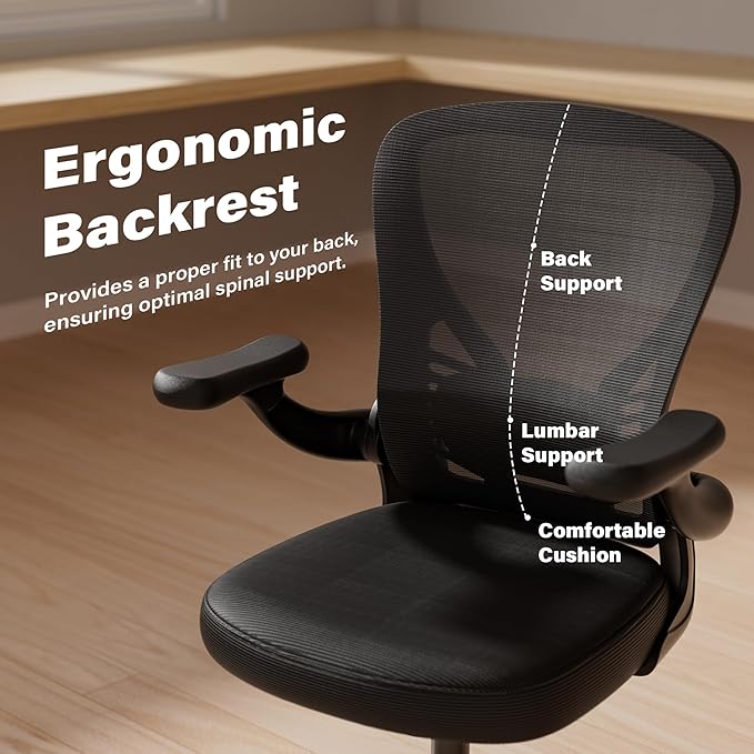 GYI Computer Desk Chair, Ergonomic Office Desk Chairs with Mesh Back, Adjustable Lumbar Support, Height, 3D Flip-up Arms, Wheels, Rocking Function, Black-DeskLoop Office