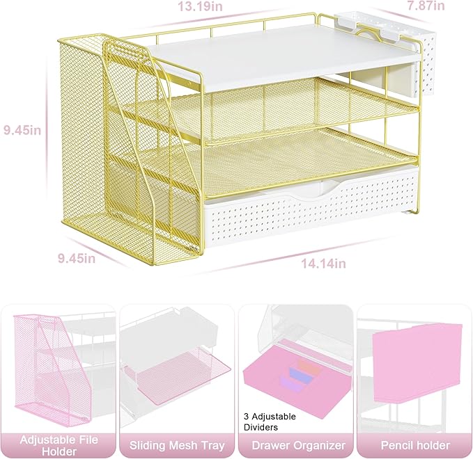 Wood Desk Organizers and Accessories with File Holder, 4-Tier Desk Accessories & Workspace Organizers with Drawer and Pen Holder, Paper Organizer for Office Supplies (Gold)-DeskLoop Office