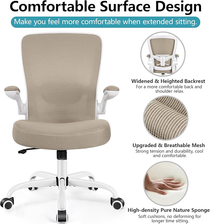 FelixKing Office Chair, Ergonomic Desk Chair Breathable Mesh Chairs with Adjustable High Back Lumbar Support Flip-up Armrests, Executive Swivel Comfy Task Computer Chairs for Home Office Khaki-DeskLoop Office