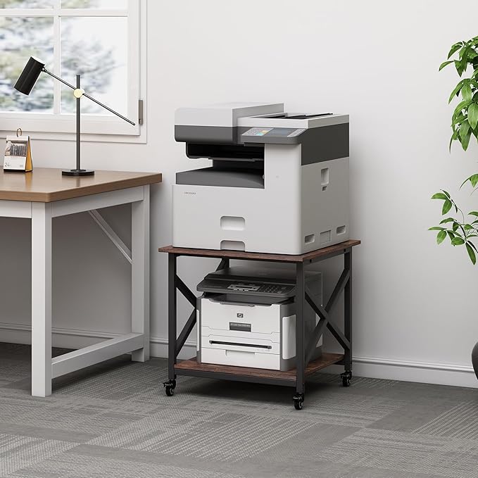 Large Printer Stand, 23.6 x 23.6 x 22.6 Inches Square Printer Table with Storage Shelf, 2 Tier Rolling Printer Cart with Industrial Wheels for Home Office - Rustic Brown-DeskLoop Office