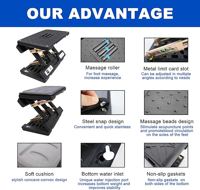 Adjustable Foot Rest and Footstool Under Desk, Ergonomic Leg Rest with Massage Roller, Height & Angle Adjustable, Detachable Cushion for Office and Home (Gray)-DeskLoop Office