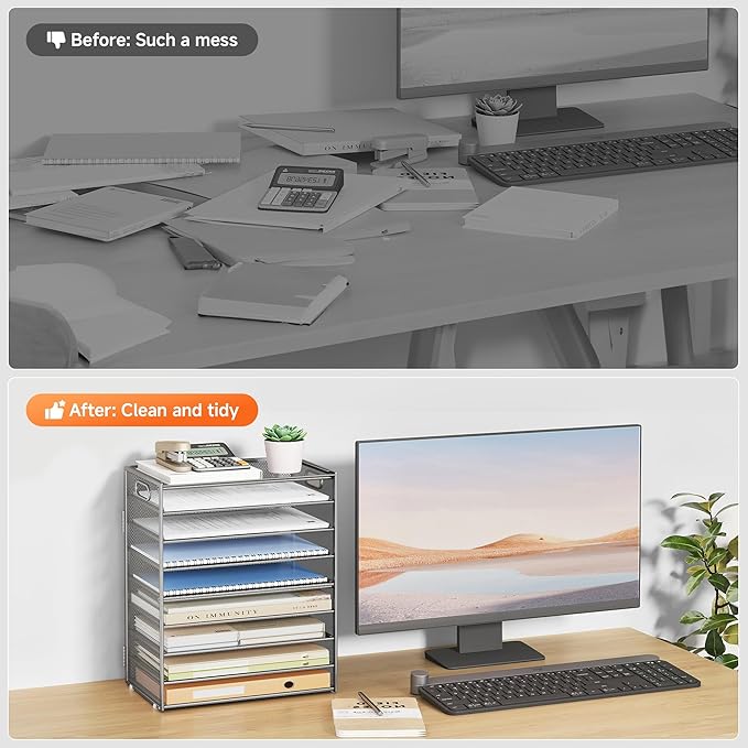 SUBEKYU 9 Tier Paper Organizer for Desk - Metal Mesh Letter Tray File Paper Sorter Organizer Include 6 Pcs Adjustable Height Slid Tray with Handles for Office School Home Organization Storage, Silver-DeskLoop Office