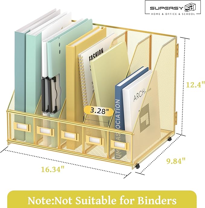 SUPEASY Desk Organizers Metal Desk Magazine File Holder with 5 Vertical Compartments Rack File Organizer for Office Desktop, Home Workspace, Gold-DeskLoop Office