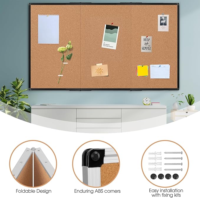 Board2by Extra Large Cork Bulletin Board 96" X 48", Foldable Notice Pin Board for Wall, Black Aluminum Framed 8'x4' Corkboard, Wall Mounted Noticeboard with 36 Push Pins for School, Home & Office-DeskLoop Office