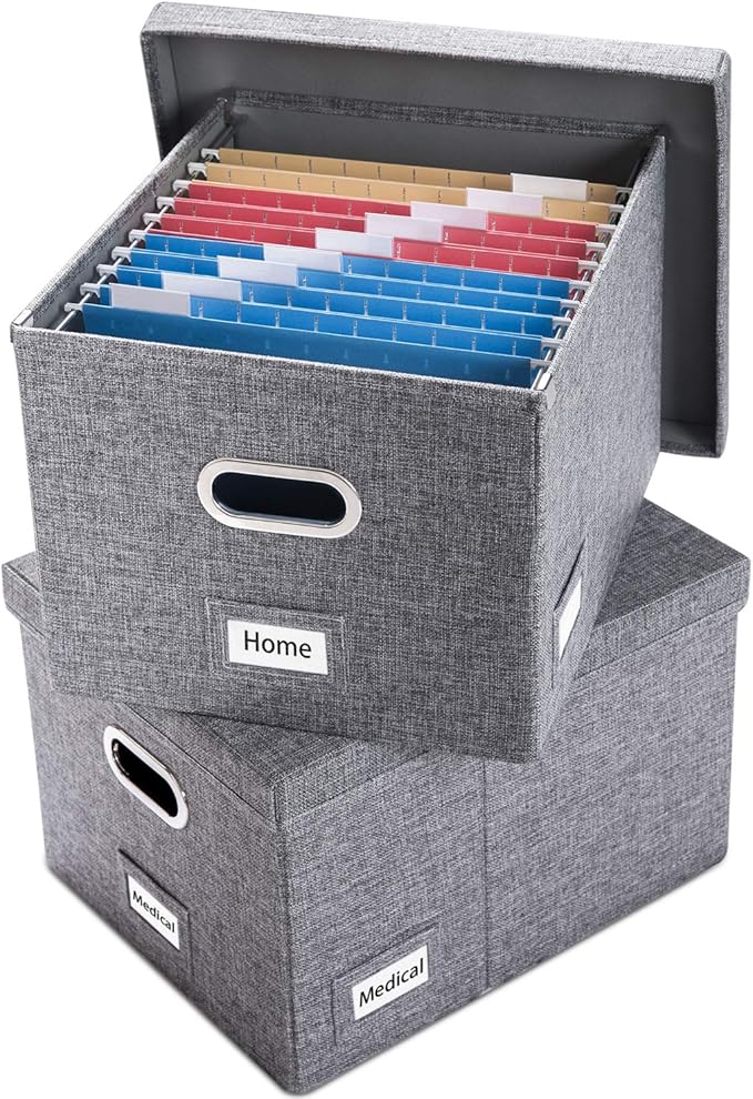 PRANDOM File Organizer Box - Set of 2 Collapsible Decorative Linen Filing Storage Hanging File Folders with Lids Office Cabinet Letter/Legal Size Grey (17x14x11.2 inch)-DeskLoop Office