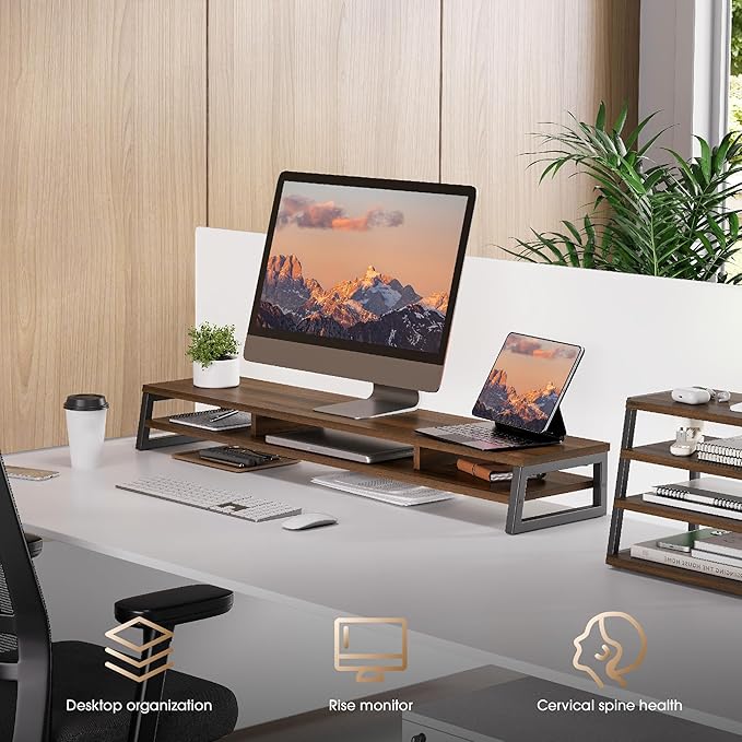 Fenge Dual Monitor Stand for Desk, 42.5in Large Monitor Riser for 2 Monitors, 2 Tier Computer Office Desk Top Shelf, Desktop Storage Stand for Laptop, PC, Computer, Printer-DeskLoop Office