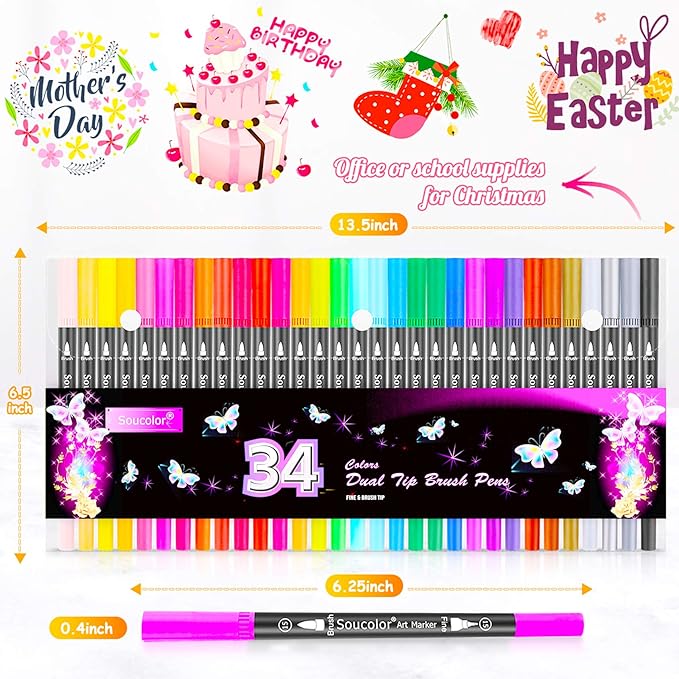 Soucolor Art Brush Markers Pens for Adult Coloring Books, Cute Preppy Stuff School Office Teacher Supplies, 34 Colors Dual Tip (Brush and Fine Point) Drawing Markers for Note Taking Journal Classroom-DeskLoop Office