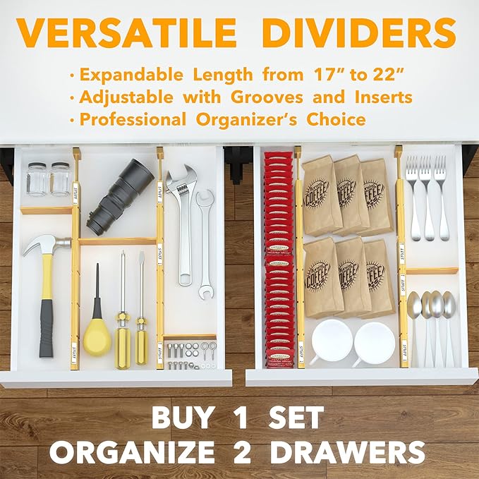 SpaceAid Bamboo Drawer Dividers with Inserts and Labels, Kitchen Adjustable Drawer Organizers, Expandable Organization for Home, Office, Dressers, 4 Dividers with 9 Inserts (17"-22" Natural)-DeskLoop Office