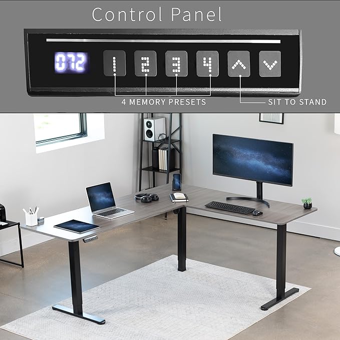 VIVO Electric Corner L-Shaped 75 x 63 in Standing Desk, Memory Height Adjustment, Dark Gray Top Black Frame, DESK-E3CTG-75-DeskLoop Office