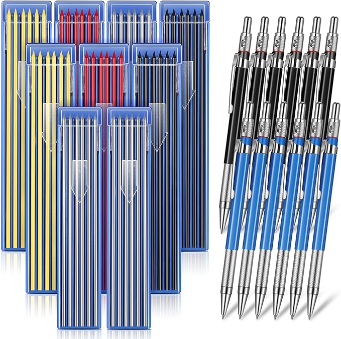 Nezyo 12 Pieces Welder Pencil with 108 Pieces Round Refills Mechanical Metal Pencil Marker with Built in Sharpener Pen for Construction Workers, Metal Work, Plumbers, Framers-DeskLoop Office