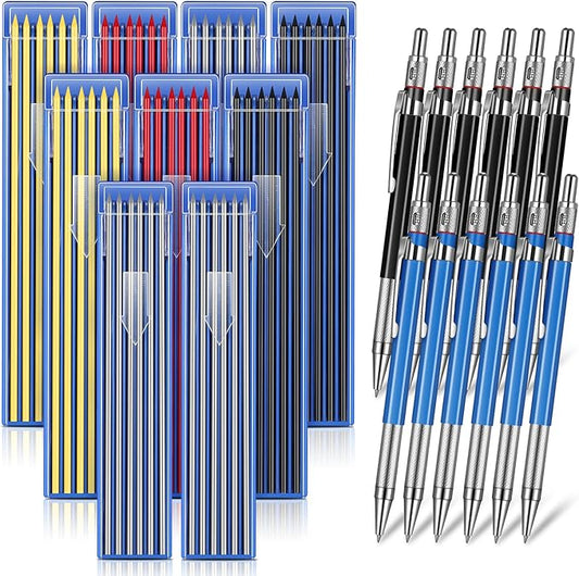 Nezyo 12 Pieces Welder Pencil with 108 Pieces Round Refills Mechanical Metal Pencil Marker with Built in Sharpener Pen for Construction Workers, Metal Work, Plumbers, Framers-DeskLoop Office