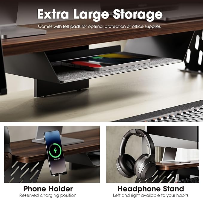 Fenge Dual Monitor Stand, 42.5 Inch Monitor Riser for Desk, Wood Desk Shelf for 2 Monitors, 2 Tier Monitor Shelf with Headphone Stand & Phone Holder-DeskLoop Office
