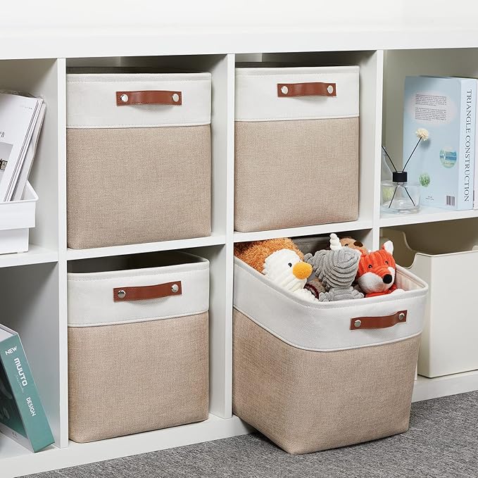 DULLEMELO Cube Storage Bins - 4 Pack Foldable Large Storage Baskets 12 inch Gifts Empty Fabric Bins for Home Office Cubes Organizer Closet, Shelves, Toy, Nursery (4 Pack - 12" White&Khaki)-DeskLoop Office