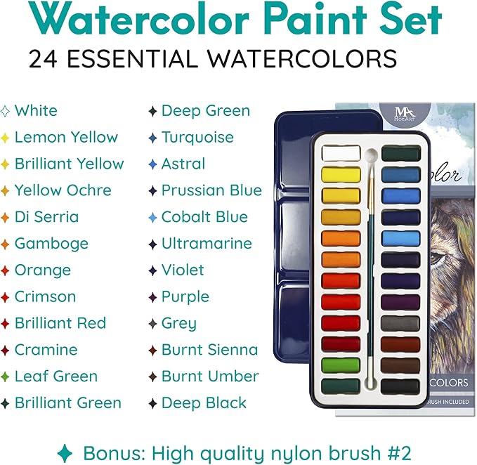 MozArt Supplies Watercolor Paint Essentials Set - Lightweight and Portable Metal Box - Lid Has 3 Partitions for Color Mixing - Easy-to-Blend Non-Toxic Formulation - 24 Vibrant Colors with Paintbrush-DeskLoop Office