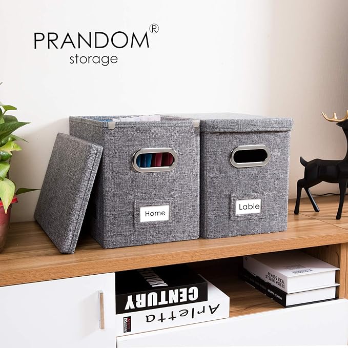 PRANDOM File Organizer Box - Set of 2 Collapsible Decorative Linen Filing Storage Hanging File Folders with Lids Office Cabinet Letter Size Grey (14x9.3x10.8 inch)-DeskLoop Office