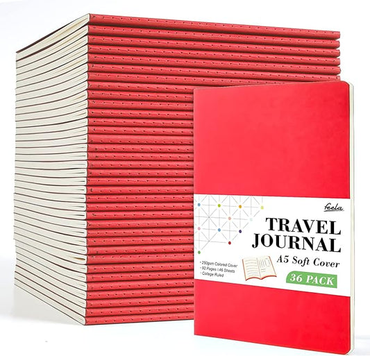 feela 36 Pack Soft Cover Journal Bulk, Lined Blank Travel Journal for Women Men Writing, Notebooks College Ruled for Work, Note Taking Notebook School Business Supplies, 8.2” x 5.5”, A5, Red-DeskLoop Office