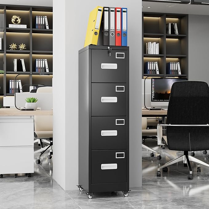 Aobabo 56" H 4 Drawer Moblie File Cabinet with Lock, Metal File Cabinet for Home Office with Wheels, Storage Legal/Letter A4 Size, Black, Assembly Required-DeskLoop Office