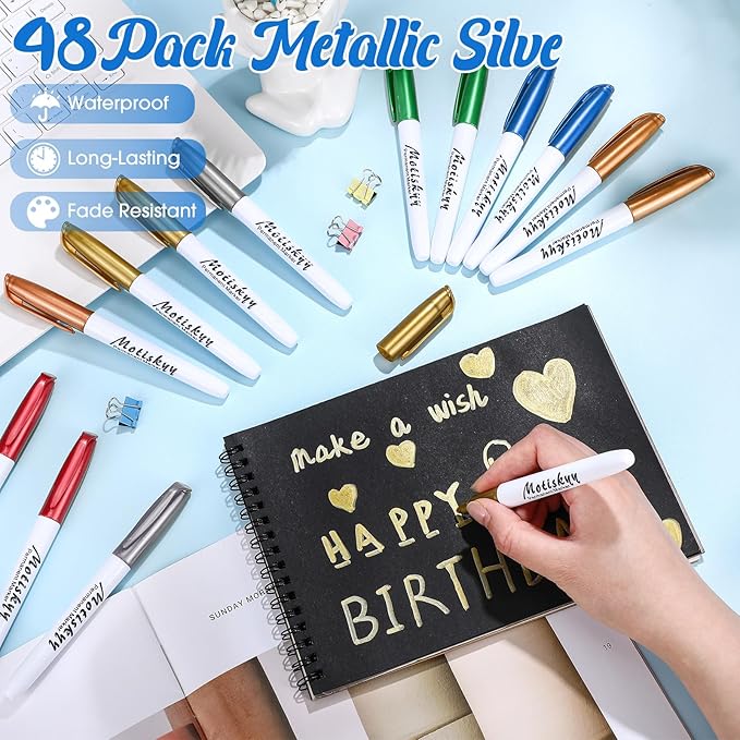 48 Pcs Metallic Permanent Markers Bulk Metallic Marker Pens Medium Tip Quick Dry Paint Pen for Classroom DIY Crafts Artist Illustration Gift Card Making(Colorful)-DeskLoop Office