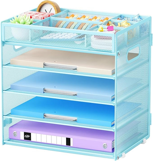 Marbrasse 5-Tier Letter Tray Paper Organizer with Handle, Multi-Functional Mesh File Organizer for Desk, Adjustable Compartments Mesh Desktop Storage for Office Supplies,Blue-DeskLoop Office